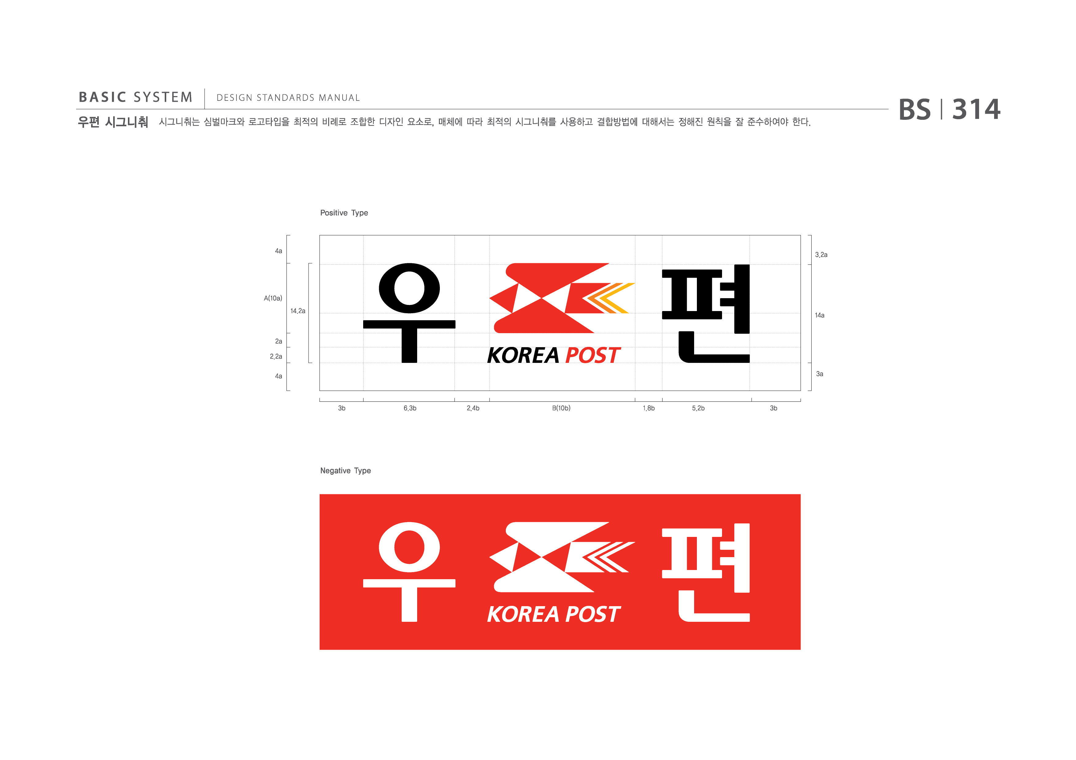 BASIC SYSTEM 우편 시그니춰 A  DESIGN STANDARDS MANUAL  시그니춰는 심벌마크와 로고타입을 최적의 비례로 조합한 디자인 요소로, 매체에 따라 최적의 시그니춰를 사용하고 결합방법에 대해서는 정해진 원칙을 잘 준수하여야 한다.  BS I 314  Positive Type  4a 3.2a  A(10a) 14.2a  14a 2a 2.2a 4a 3a  3b  6.3b  2.4b  B(10b)  1.8b  5.2b  3b  Negative Type